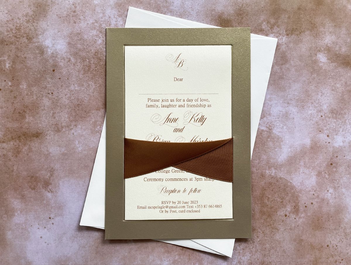 brown satn ribbon wedding invitation