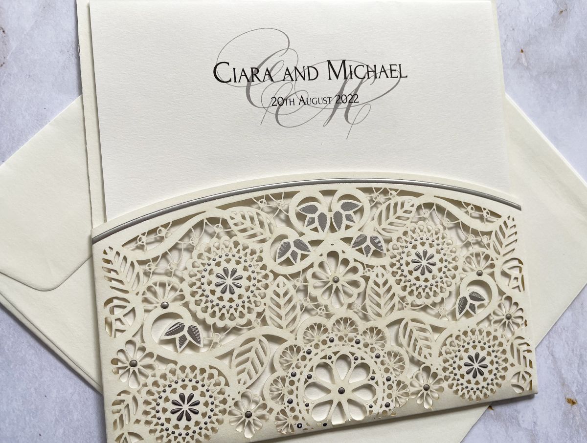 ivory shimmer floral wedding invitation