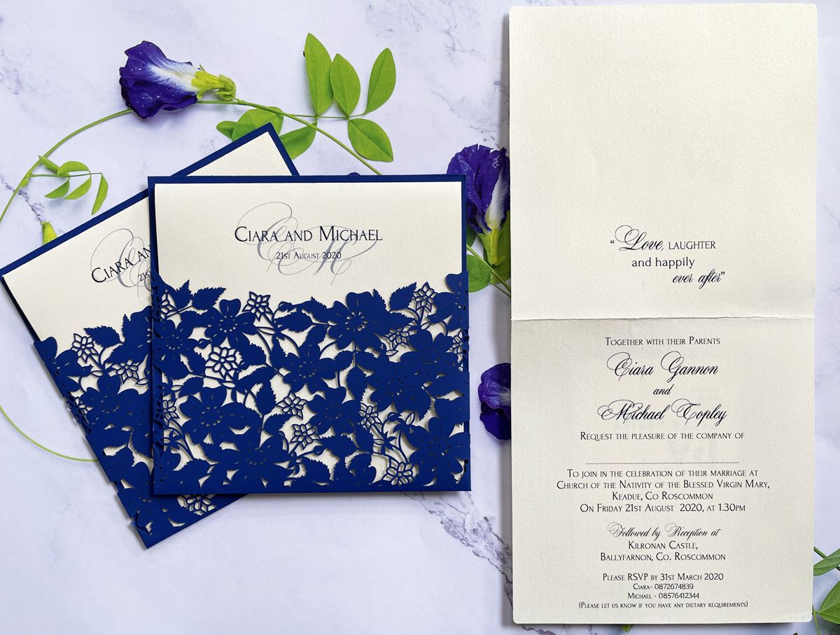 floral navy wedding invitation