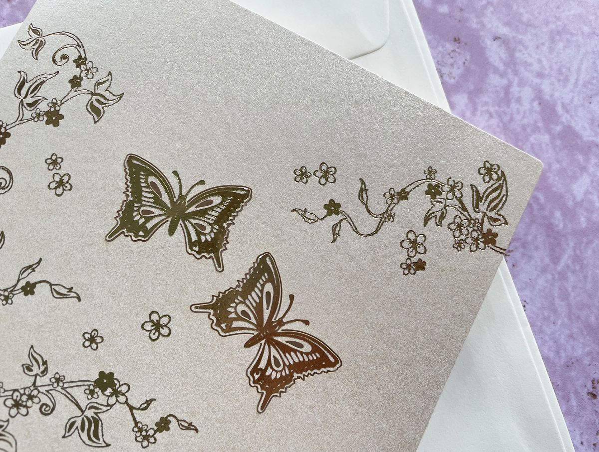 gold foil butterflies wedding invitation