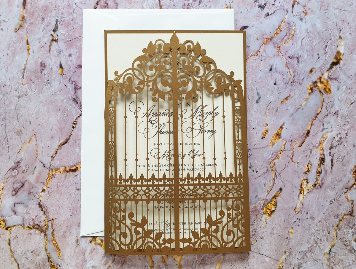 gold ornamental gate wedding invitation