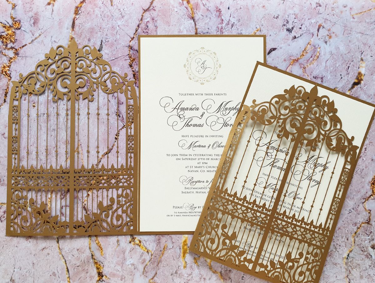 gold ornamental gate wedding invitation