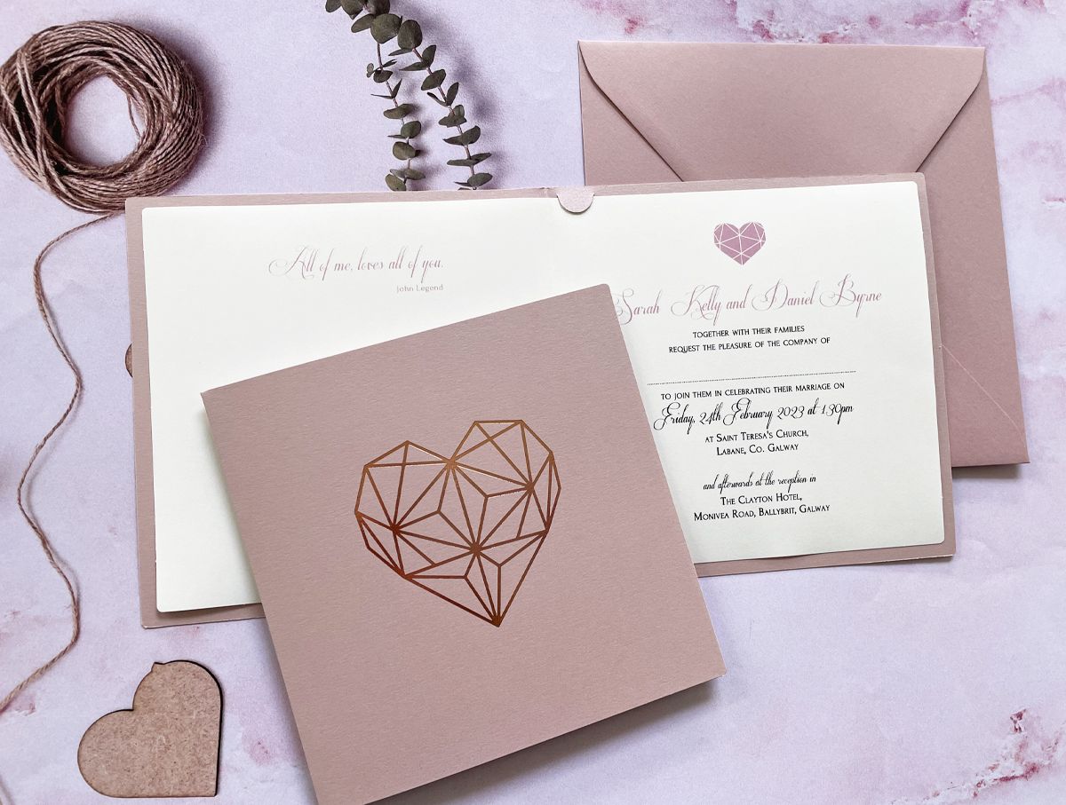 rose gold heart wedding invitation