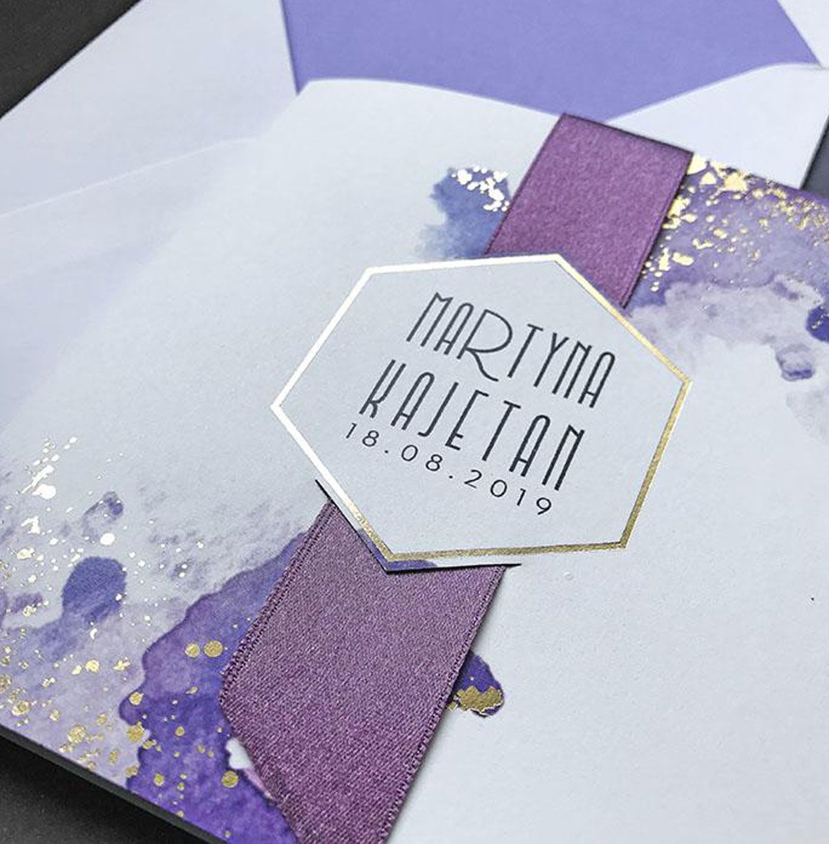 purple watercolour wedding invitation