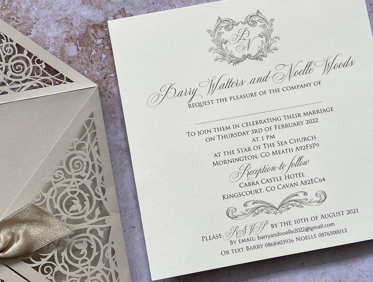 satin taupe bow wedding invitation