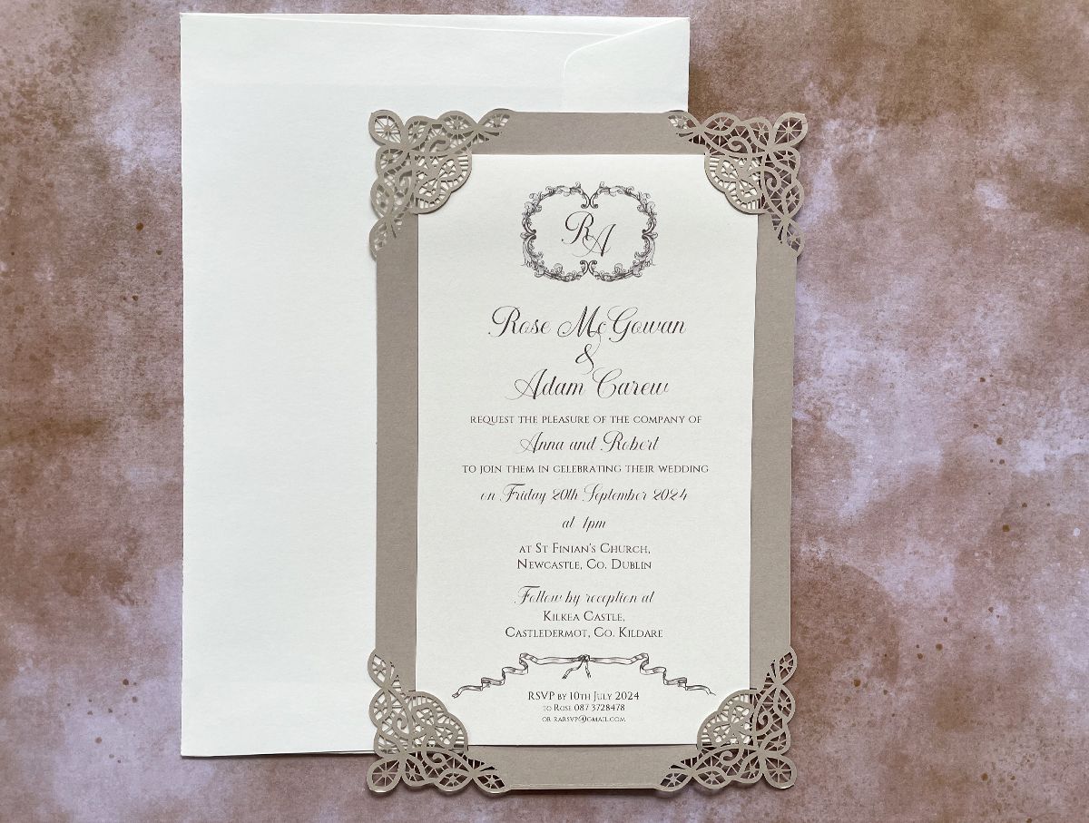 taupe and ivory wedding invitation