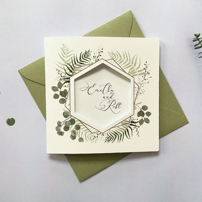 Delicate green leaves wedding invitation