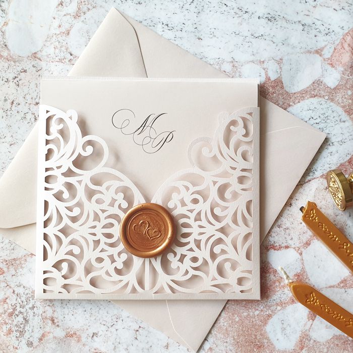 Blush Pink Wedding Invitations with Rose Gold Wax Seal