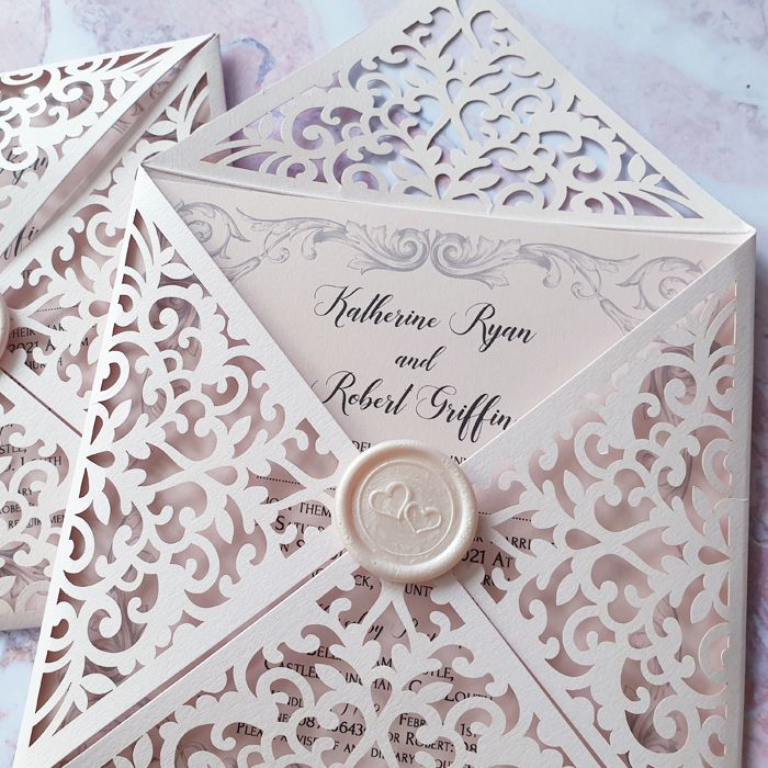 Blush Pink Wedding Invitations with Pink Wax Seal