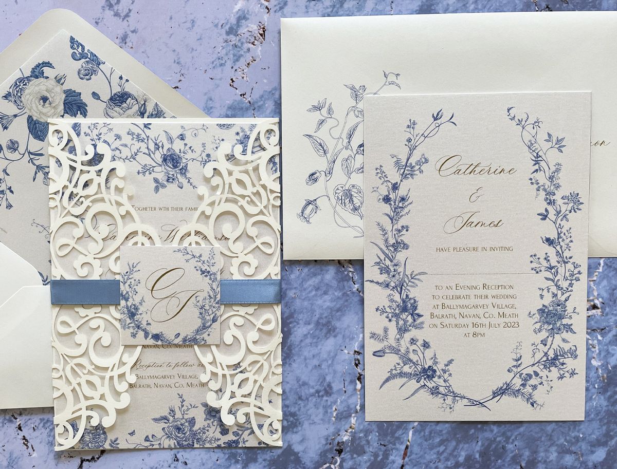 botanical blue white floral wedding invitation